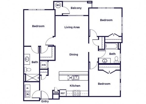 Three bedroom two bathroom floor plan image at Riverwoods at Lake Ridge in Woodbridge VA